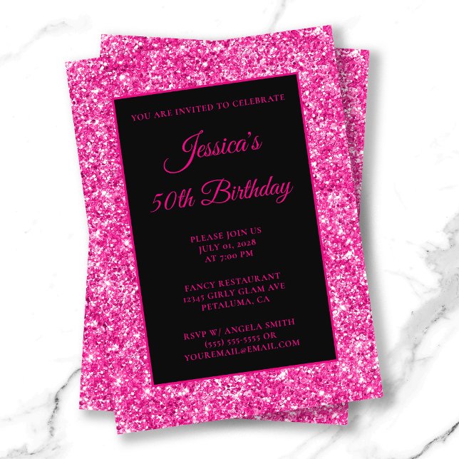 Invitación Cumpleaños 50 de lujo en rosa caliente con brillo  (Hot Pink Luxury Glitter Black 50th Birthday Invitation)