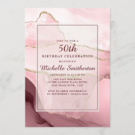 Invitación Cumpleaños 50 de Mármol Ágata Rosa Borgoña Oro