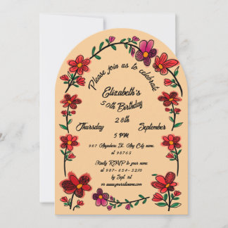 Invitación Cumpleaños 50 de Melocotón Fiesta Doodle Flores Ca
