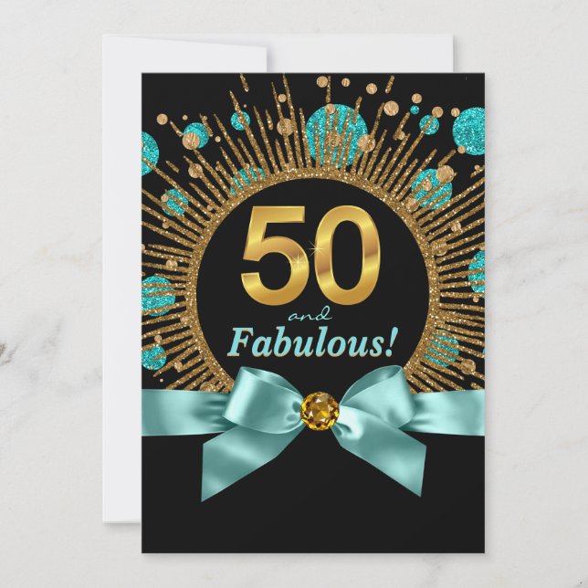 Invitación Cumpleaños 50 de mujer azul turquesa y dorado con  (Anverso)