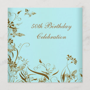 Invitación Cumpleaños 50 de mujer elegante mariposa dorada az