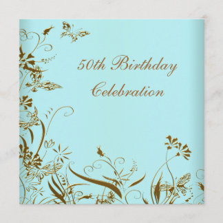 Invitación Cumpleaños 50 de mujer elegante mariposa dorada az