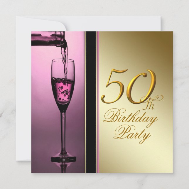 Invitación Cumpleaños 50 de mujer en rosa y dorado (Anverso)