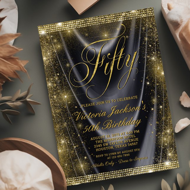 Invitación Cumpleaños 50 de Mujer Glam Negro Oro (Need a different number? Simply send us a message.)