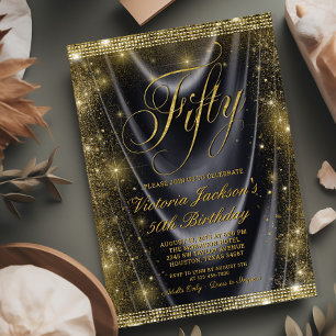Invitación Cumpleaños 50 de Mujer Glam Negro Oro