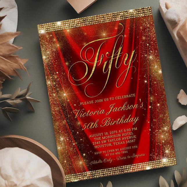 Invitación Cumpleaños 50 de Mujer Glam Rojo Oro (Need a different year? Simply send us a message.)