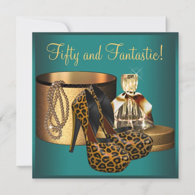 Invitación Cumpleaños 50 de Mujer Leopardo de Jade Dorado (Anverso)