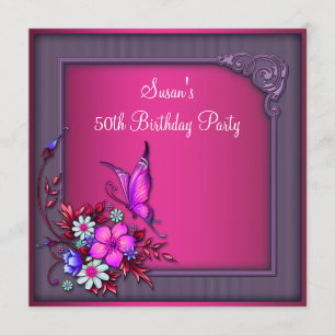 Invitación Cumpleaños 50 de mujer mariposa floral rosa púrpur