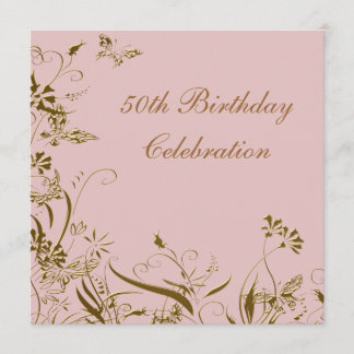Invitación Cumpleaños 50 de mujer mariposa rosa dorada