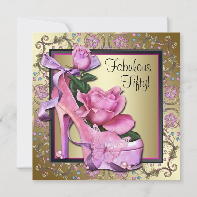 Invitación Cumpleaños 50 de mujer negro rosa dorado (Anverso)