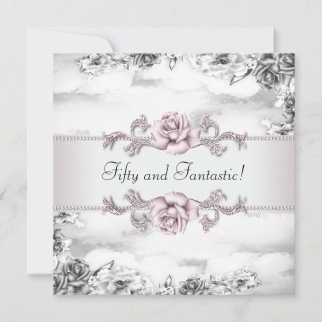 Invitación Cumpleaños 50 de mujer rosa rosado negro y blanco (Anverso)
