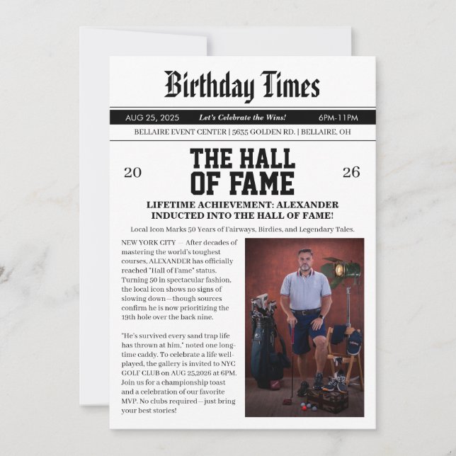 Invitación Cumpleaños 50 de Newspaper Golf (Anverso)