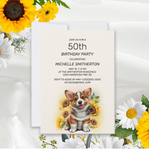 Invitación Cumpleaños 50 de perro Corgi lindo girasoles