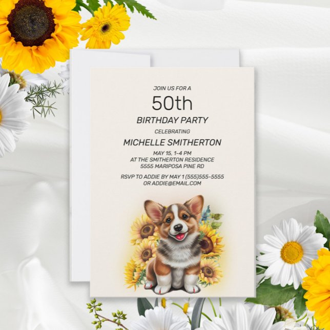 Invitación Cumpleaños 50 de perro Corgi lindo girasoles (Subido por el creador)