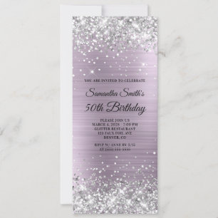 Invitación Cumpleaños 50 de Purpurina Plateada Lavanda Pálido