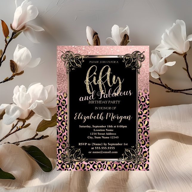 Invitación Cumpleaños 50 de Rose Gold Glitter Border Leopard  (Subido por el creador)