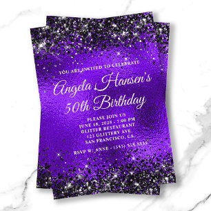 Invitación Cumpleaños 50 de Vidrio Violeta con Purpurina Negr