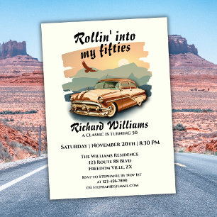 Invitación Cumpleaños 50 del hombre coche clásico desierto at