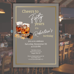 Invitación Cumpleaños 50 del hombre con vaso de doble whisky 