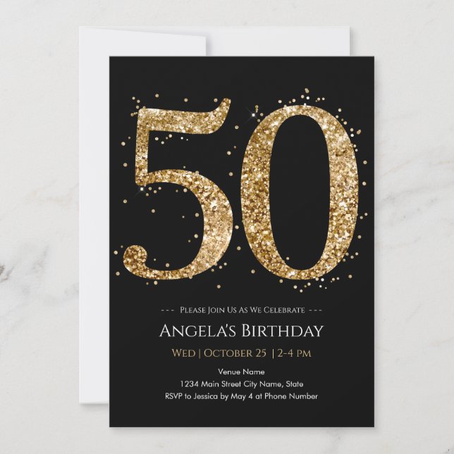 Invitación Cumpleaños 50 dorado con purpurina (Anverso)