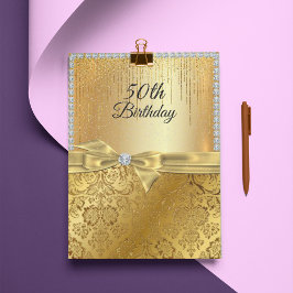 Invitación Cumpleaños 50 dorado metálico con brillo de diaman