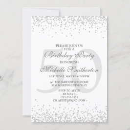 Invitación Cumpleaños 50 Elegante Blanco Gris Plateado Brilla