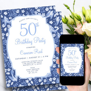 Invitación Cumpleaños 50 Elegante Floral Azul Femenino Pájaro