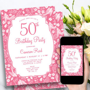 Invitación Cumpleaños 50 Elegante Floral Rosa Femenino Pájaro