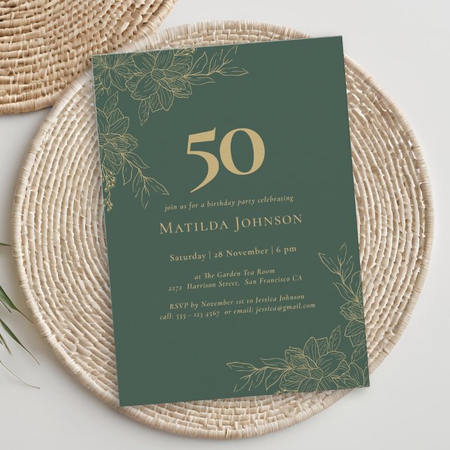 Invitación Cumpleaños 50 Elegante Floral Verde Dorado (Elegant Floral Green Gold Floral 50th Birthday Invitation)
