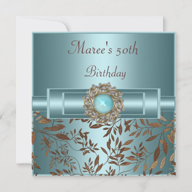 Invitación Cumpleaños 50 Elegante Joyas Azul Cian (Anverso)