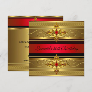 Invitación Cumpleaños 50 Elegante Joyas Diamante Rojo Oro