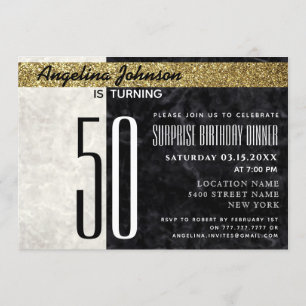Invitación Cumpleaños 50 Elegante Mármol Dorado Negro y Blanc