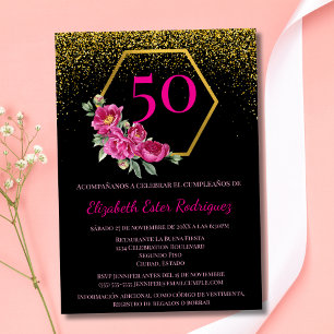 Invitación Cumpleaños 50 Elegante Moderno Negro Dorado Rosa