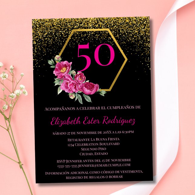 Invitación Cumpleaños 50 Elegante Moderno Negro Dorado Rosa (Subido por el creador)