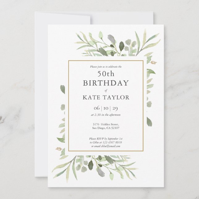 Invitación Cumpleaños 50 Elegante Oro Acuarela Verde (Anverso)
