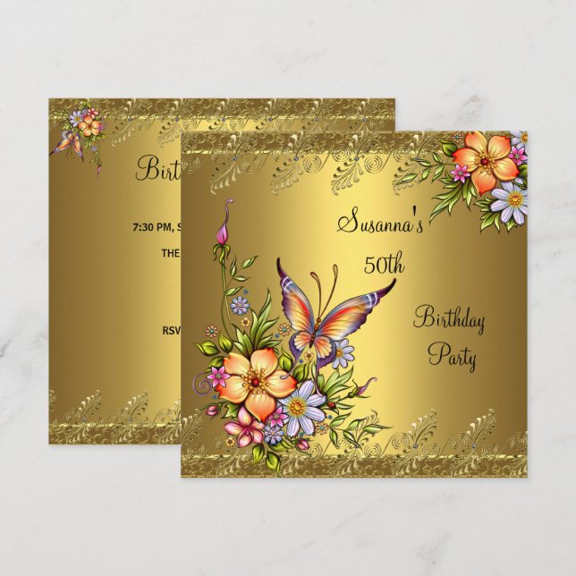 Invitación Cumpleaños 50 Elegante Oro Rosado Flores Amarillas (Anverso / Reverso)