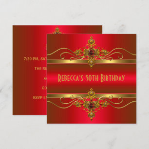 Invitación Cumpleaños 50 Elegante Rico Rojo Terciopelo Oro Jo