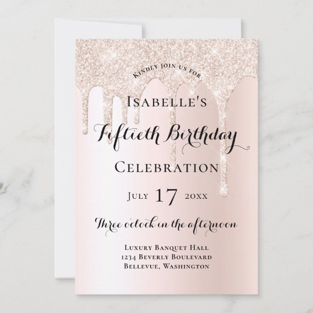 Invitación Cumpleaños 50 Elegante Rosa Desvanecido con Brillo (Anverso)