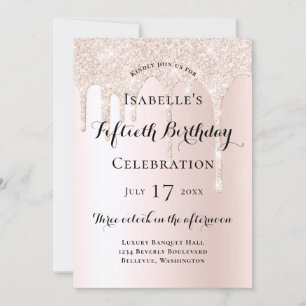 Invitación Cumpleaños 50 Elegante Rosa Desvanecido con Brillo