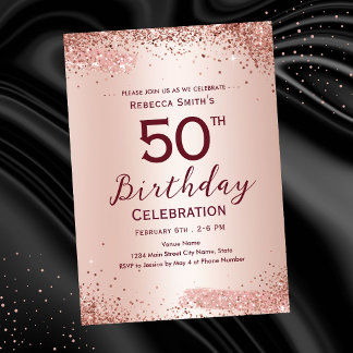 Invitación Cumpleaños 50 Elegante Rosa Dorado Brillante