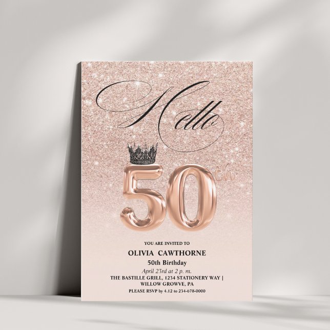 Invitación Cumpleaños 50 elegante Rosa Dorado Rubor Foto (Subido por el creador)