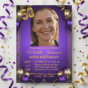 Invitación Cumpleaños 50 Elegantes Globos Morados y Dorados F