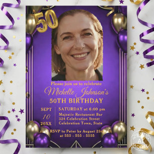 Invitación Cumpleaños 50 Elegantes Globos Morados y Dorados F
