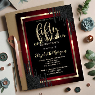 Invitación Cumpleaños 50 Elegantes Gotitas Negras Rojo Oscuro