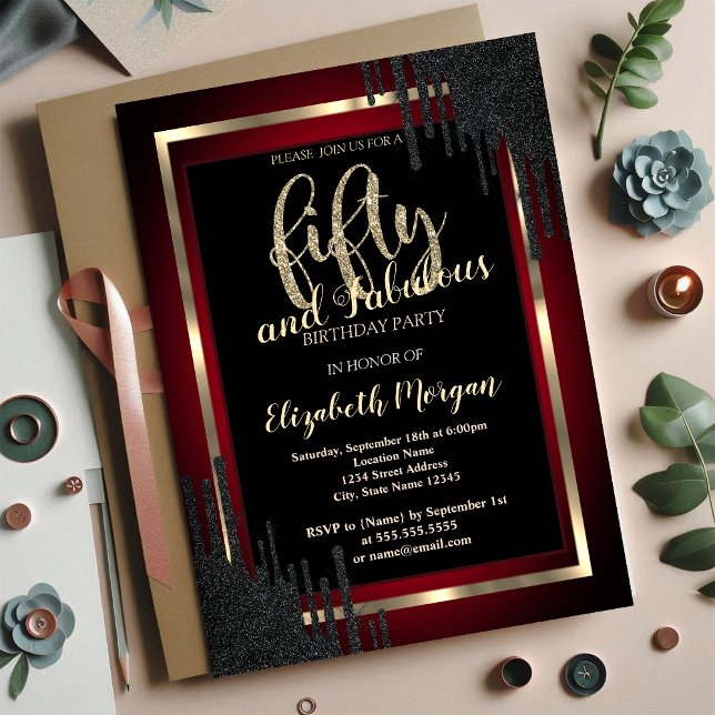 Invitación Cumpleaños 50 Elegantes Gotitas Negras Rojo Oscuro (Subido por el creador)