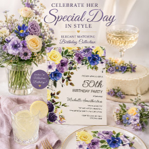 Invitación Cumpleaños 50 en Floral Acuarela Amarillo Púrpura