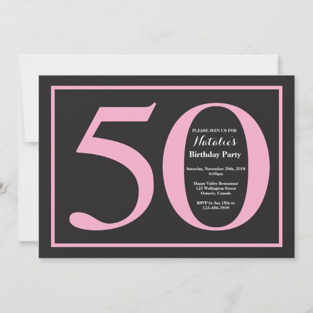 Invitación Cumpleaños 50 en pizarra rosa y negra (Anverso)