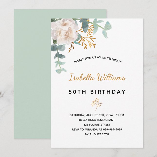 Invitación Cumpleaños 50 eucalipto floral oro verde elegante (Anverso / Reverso)