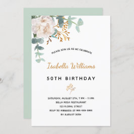 Invitación Cumpleaños 50 eucalipto floral oro verde elegante