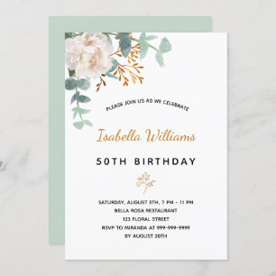 Invitación Cumpleaños 50 eucalipto floral oro verde elegante
